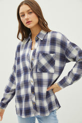 Be Cool Plaid Flannel Button Down Shirt with Chest Pocket Blue OutfitFlow
